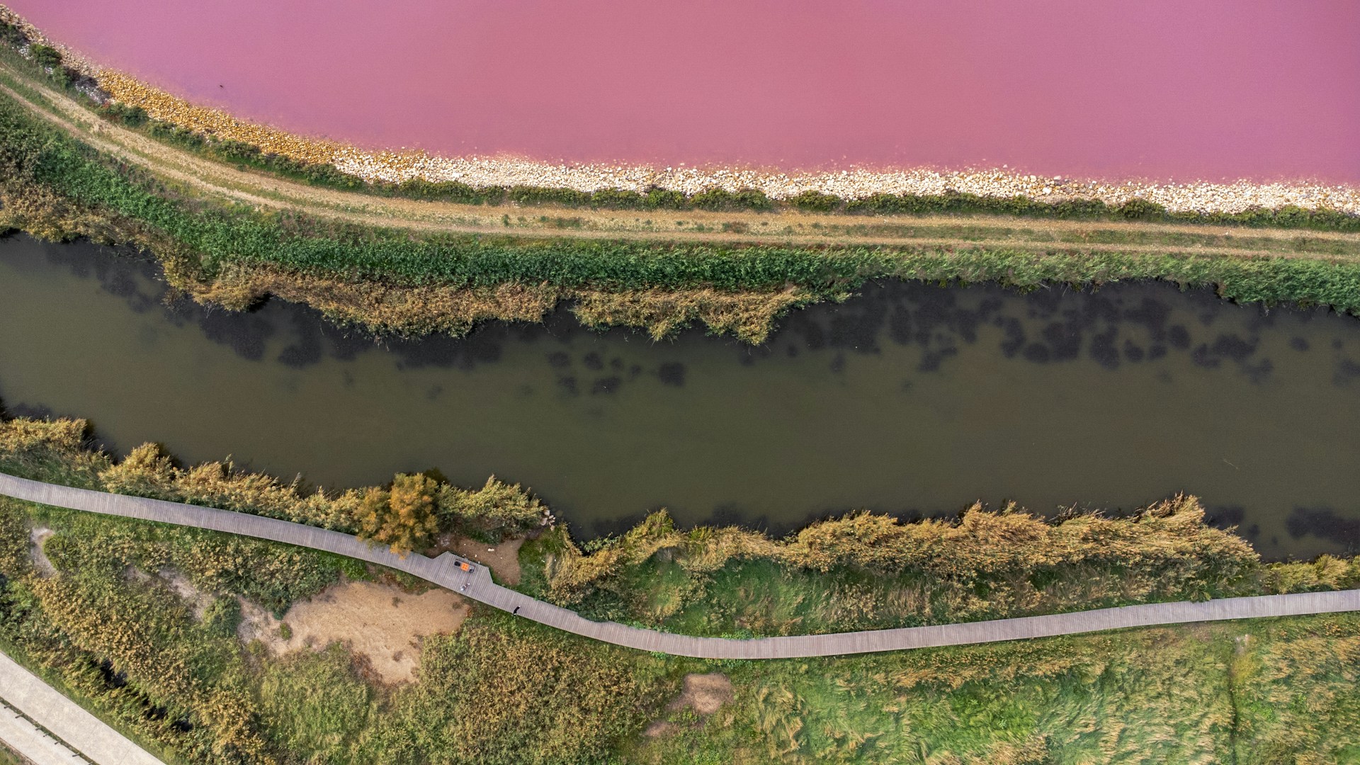Salins roses d'Aigues-Mortes vus du ciel — site naturel incontournable près du bistrot La Pôse route de Nîmes